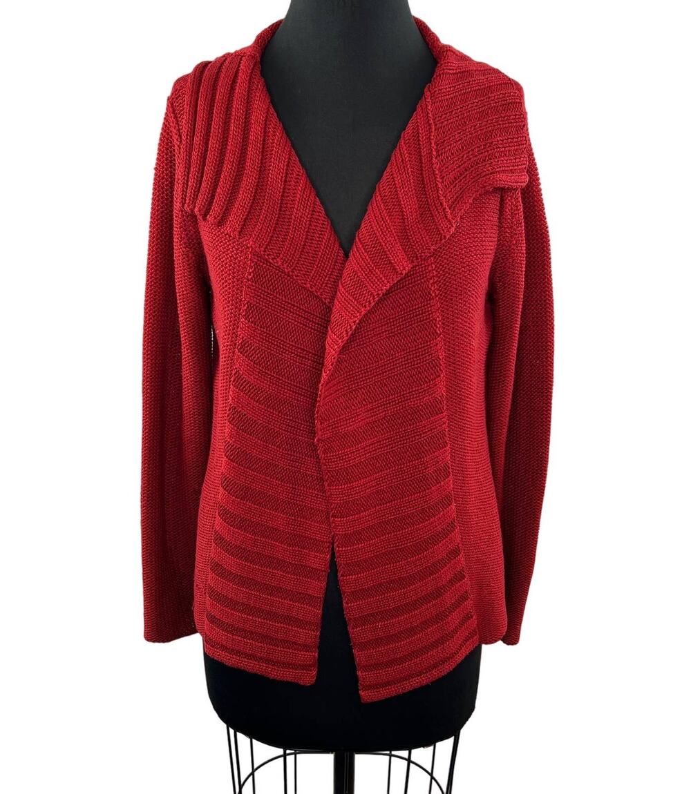 Beyond Threads Red Pima Cotton Chunky Knit Ribbed Foldover Collar Cardigan M